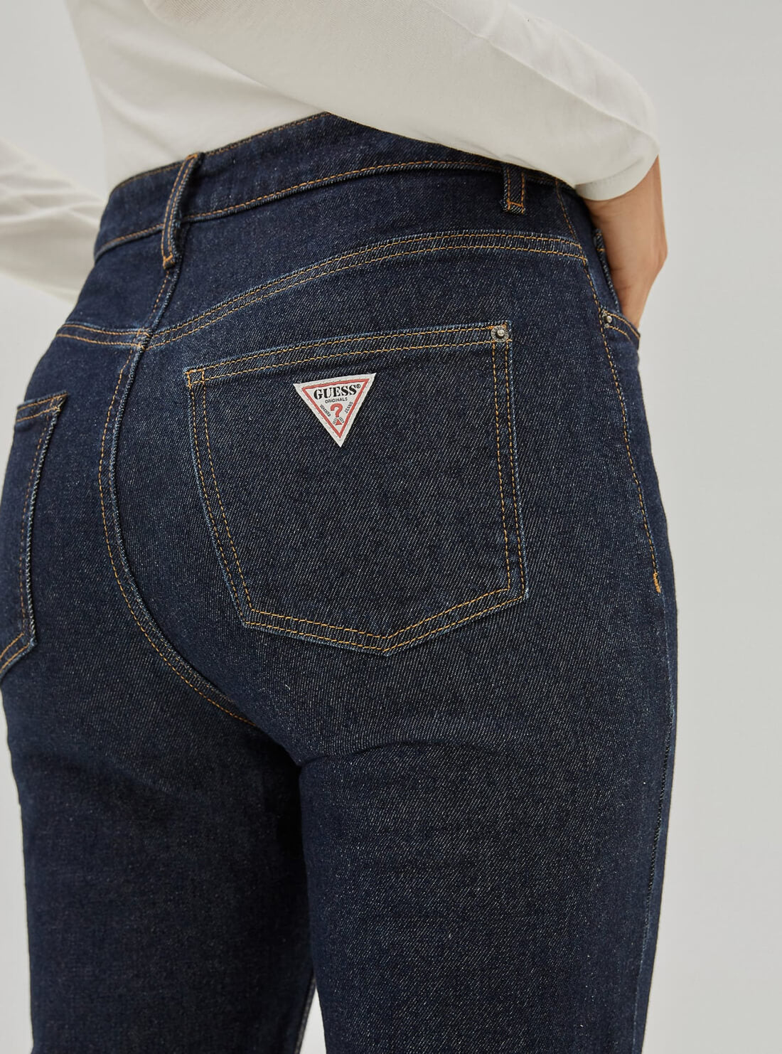 GUESS Womens Guess Originals High-Rise Mom Fit Denim Jeans in Dark Rinse Wash W1RG07D49T5 Back Detail View