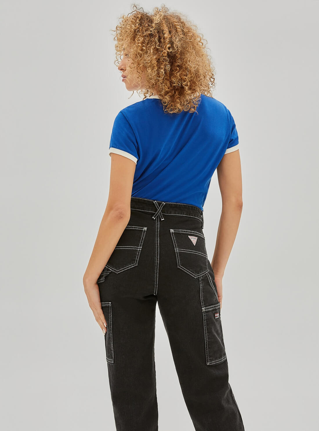 GUESS Womens GUESS Originals Blue Winter Ringer Baby Tee WBRP02K9RM5 Model Back View