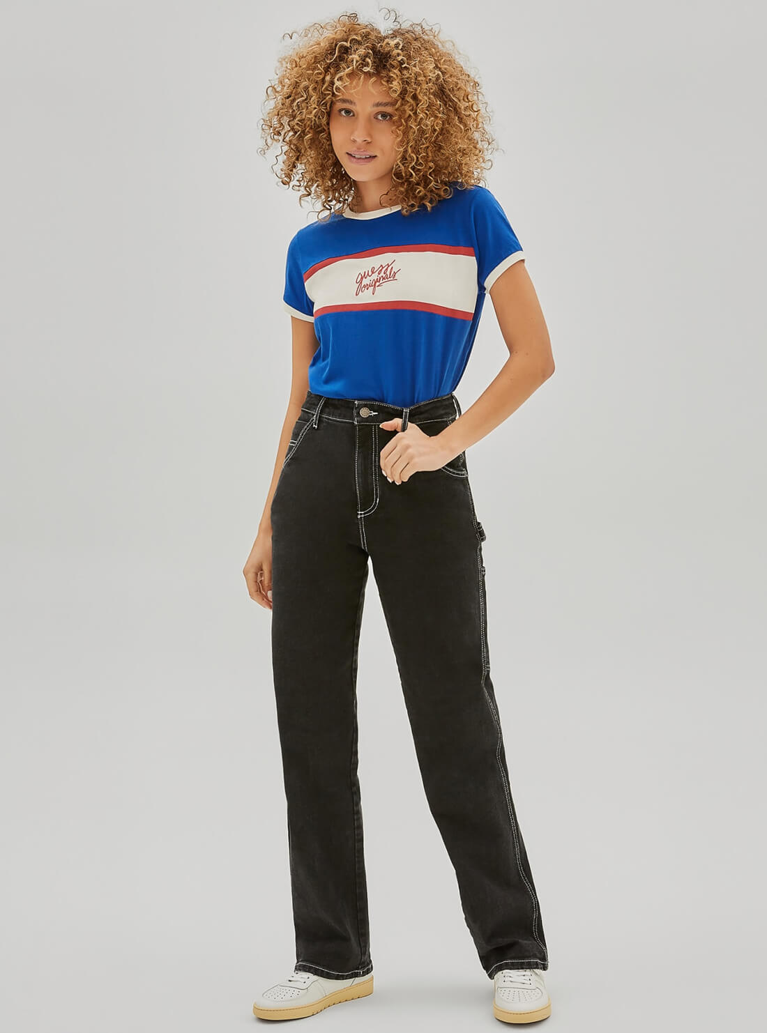 GUESS Womens GUESS Originals Blue Winter Ringer Baby Tee WBRP02K9RM5 Model Full View