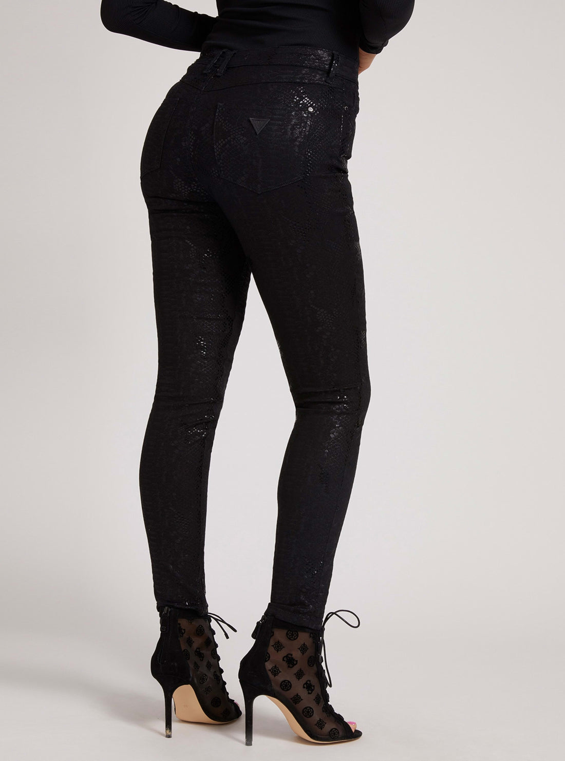 GUESS Womens High-Rise Skinny 1981 Denim Jeans In Black Shiny Python Wash W2RA46WE641 Back View
