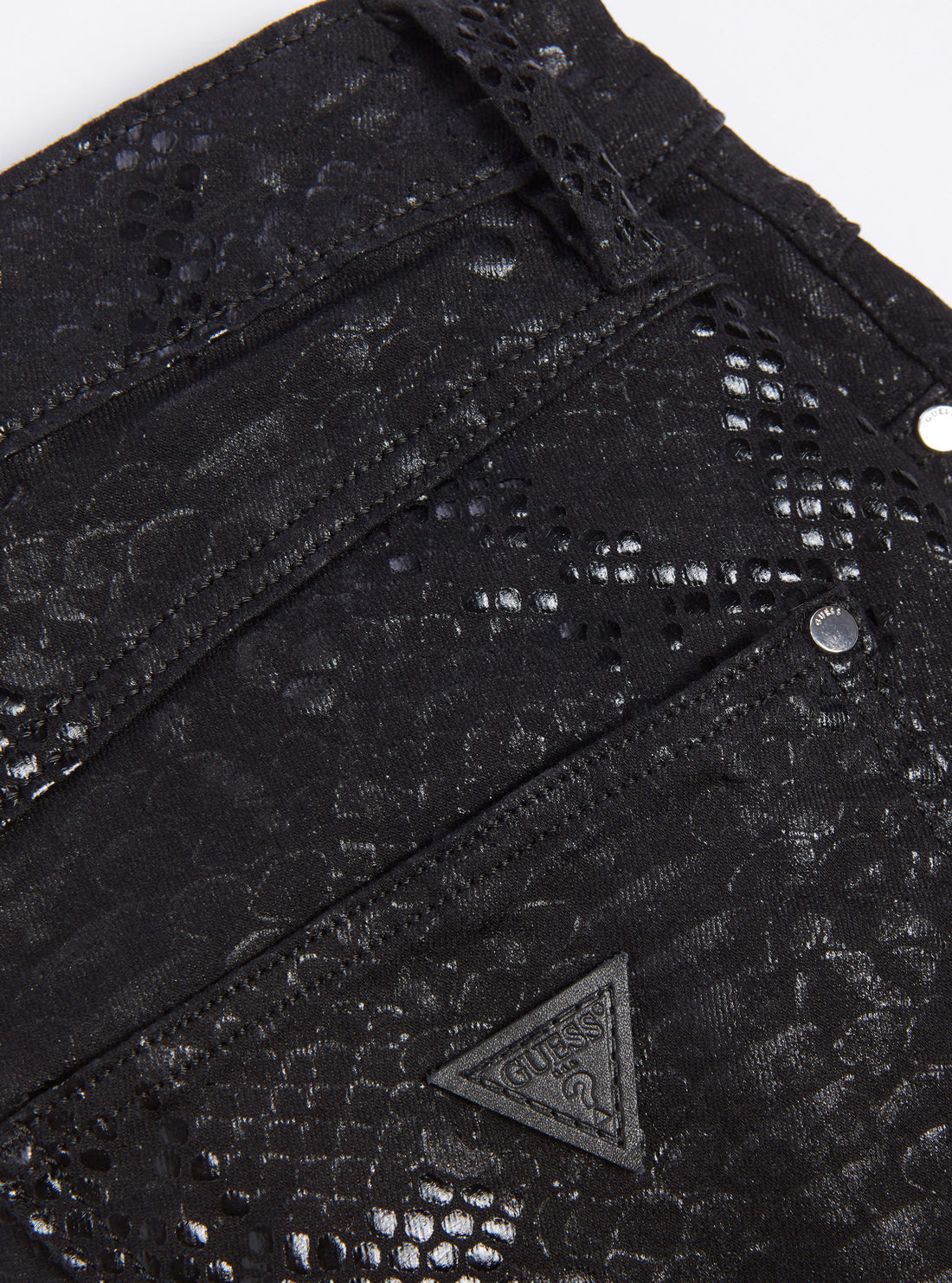 GUESS Womens High-Rise Skinny 1981 Denim Jeans In Black Shiny Python Wash W2RA46WE641 Detail View