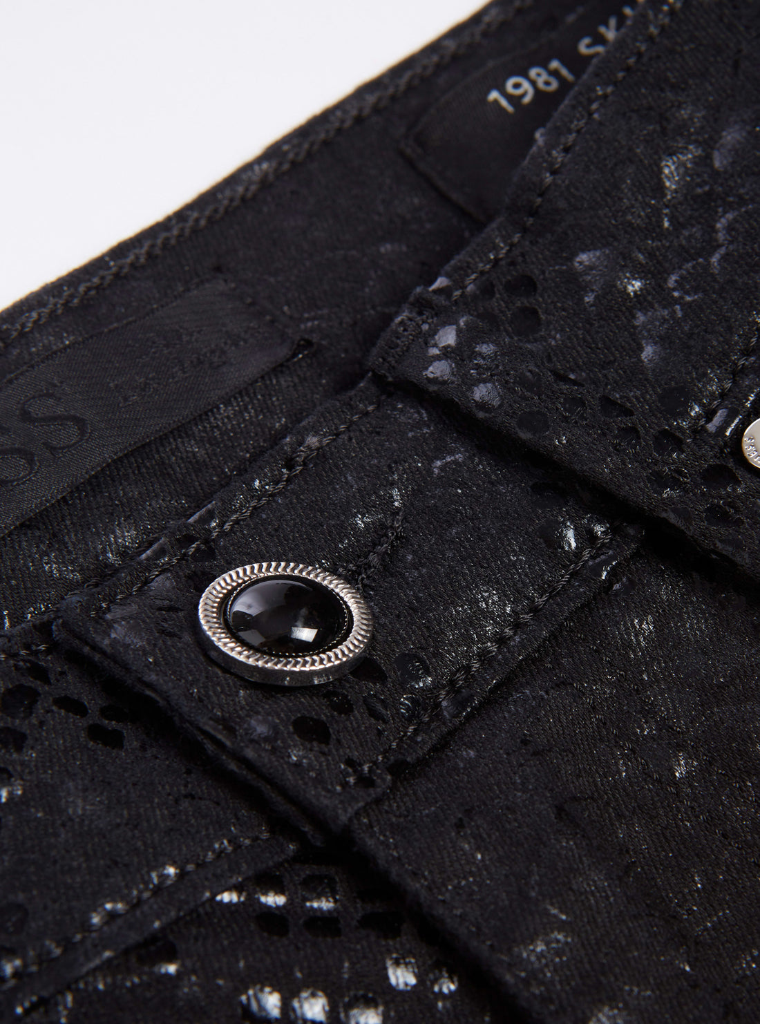 GUESS Womens High-Rise Skinny 1981 Denim Jeans In Black Shiny Python Wash W2RA46WE641 Front Detail  View