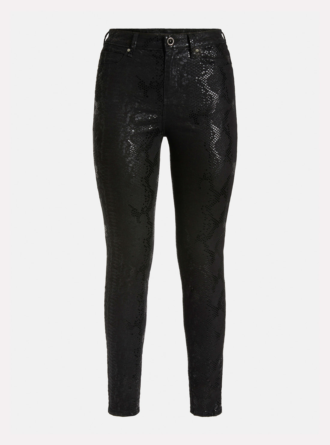 GUESS Womens High-Rise Skinny 1981 Denim Jeans In Black Shiny Python Wash W2RA46WE641 Ghost Front View