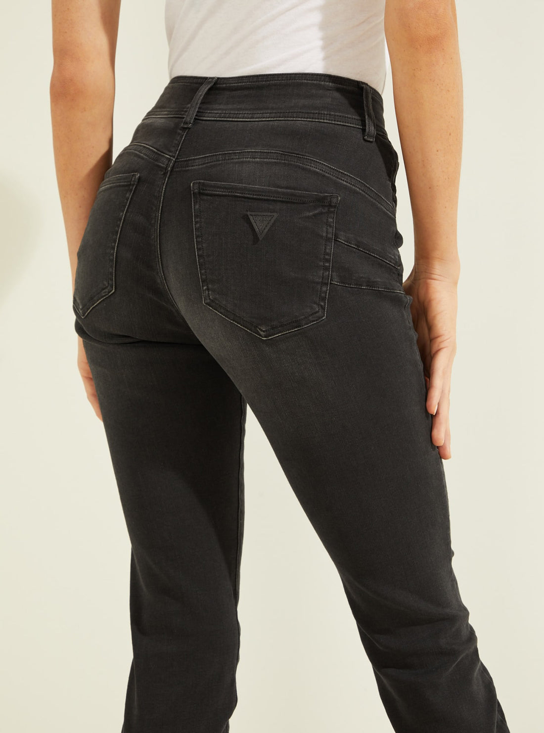 GUESS Womens High-Rise Skinny Shape Up Denim Jeans in Black Wash W2RA34D4KC2 Back Detail View
