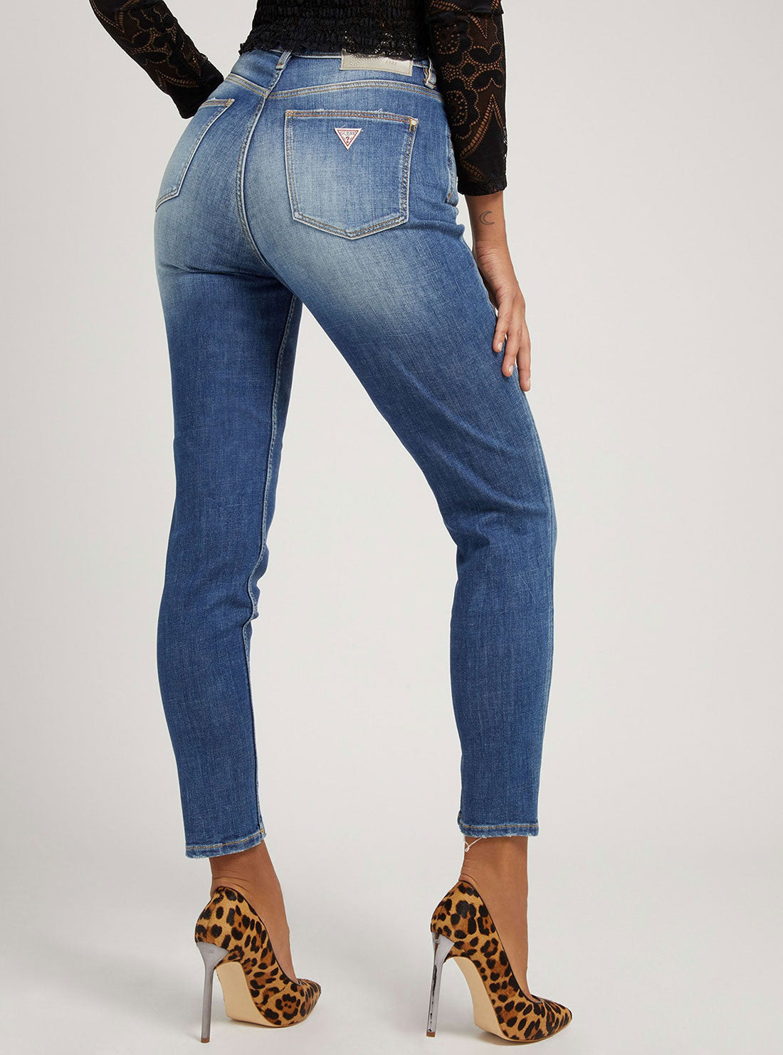 GUESS Womens High-Rise Tapered Mom Denim Jeans In Vintage Mid Wash W2GA21D3ZTL Back View