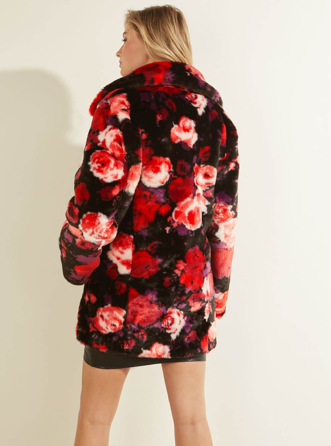 GUESS Womens Rose Pattern Alanis Faux Fur Coat W1BL58WEA90 Back View