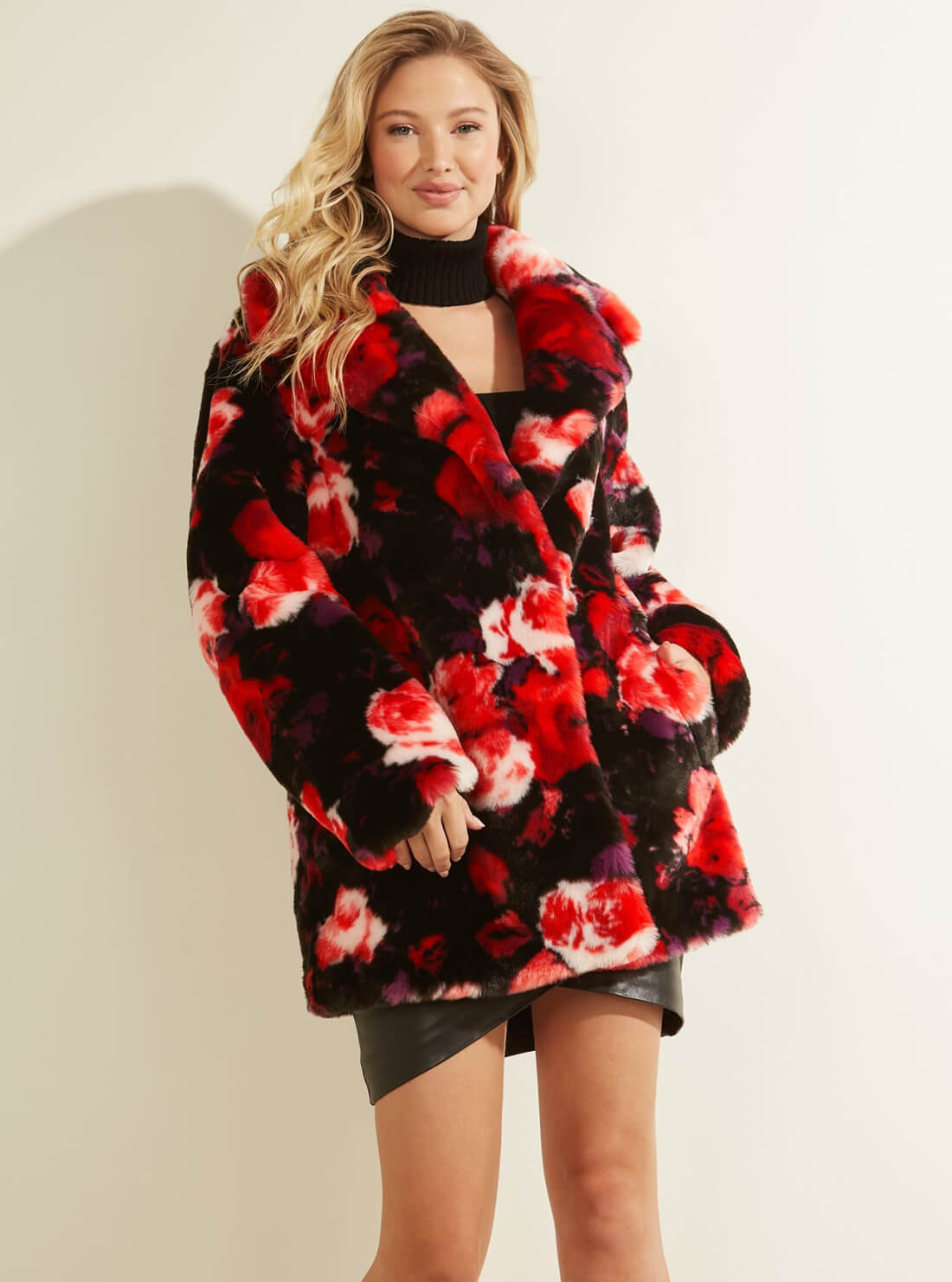 GUESS Womens Rose Pattern Alanis Faux Fur Coat W1BL58WEA90 Front Side View