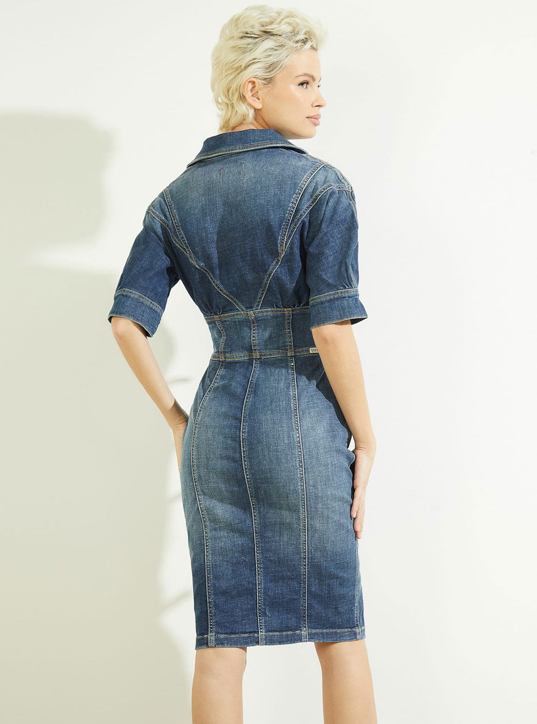 GUESS Womens Sexy Corset Denim Midi Dress in Lady Conch Mid Wash W2GK31D3ZTL Back  View
