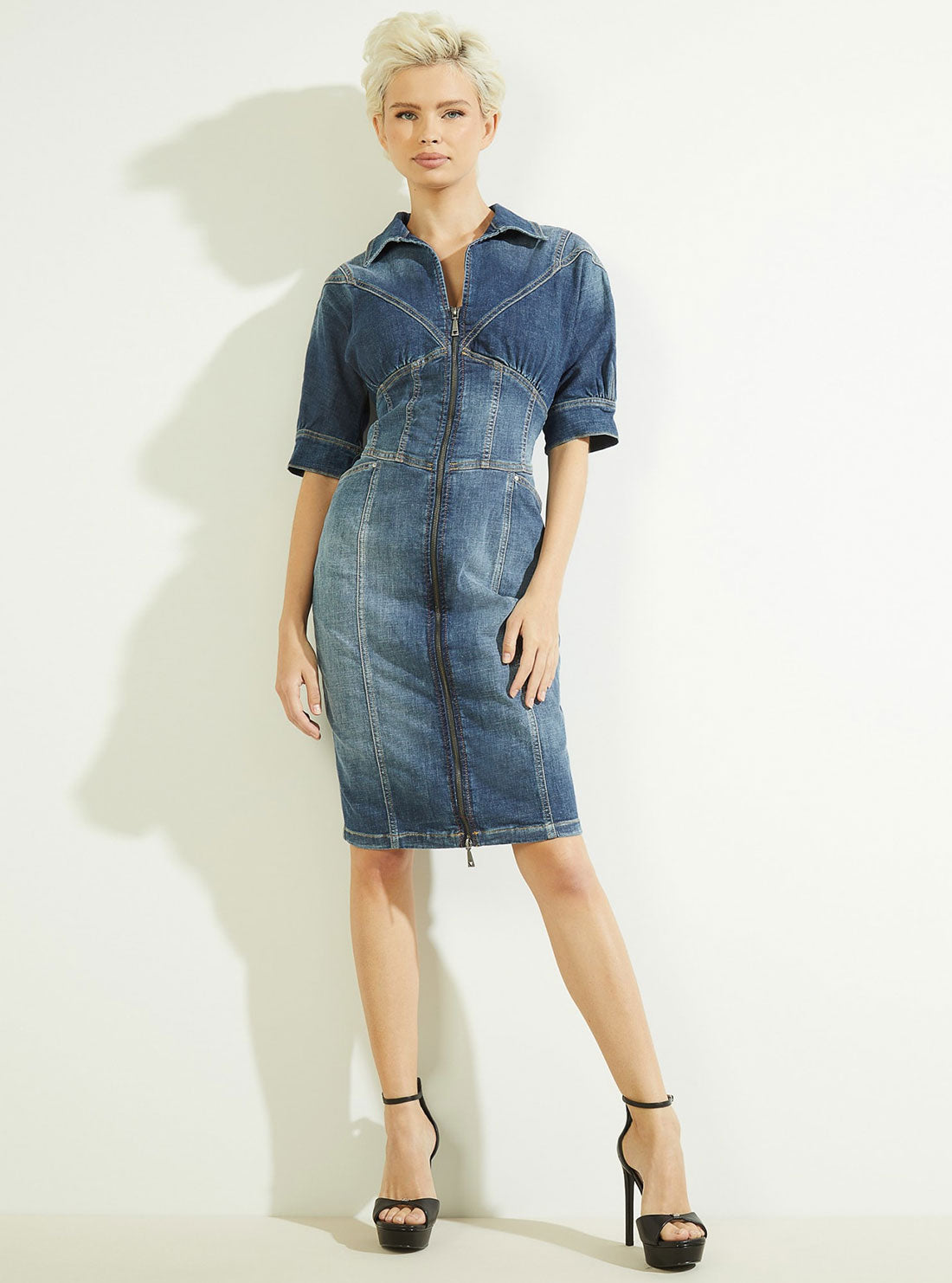 GUESS Womens Sexy Corset Denim Midi Dress in Lady Conch Mid Wash W2GK31D3ZTL Full View