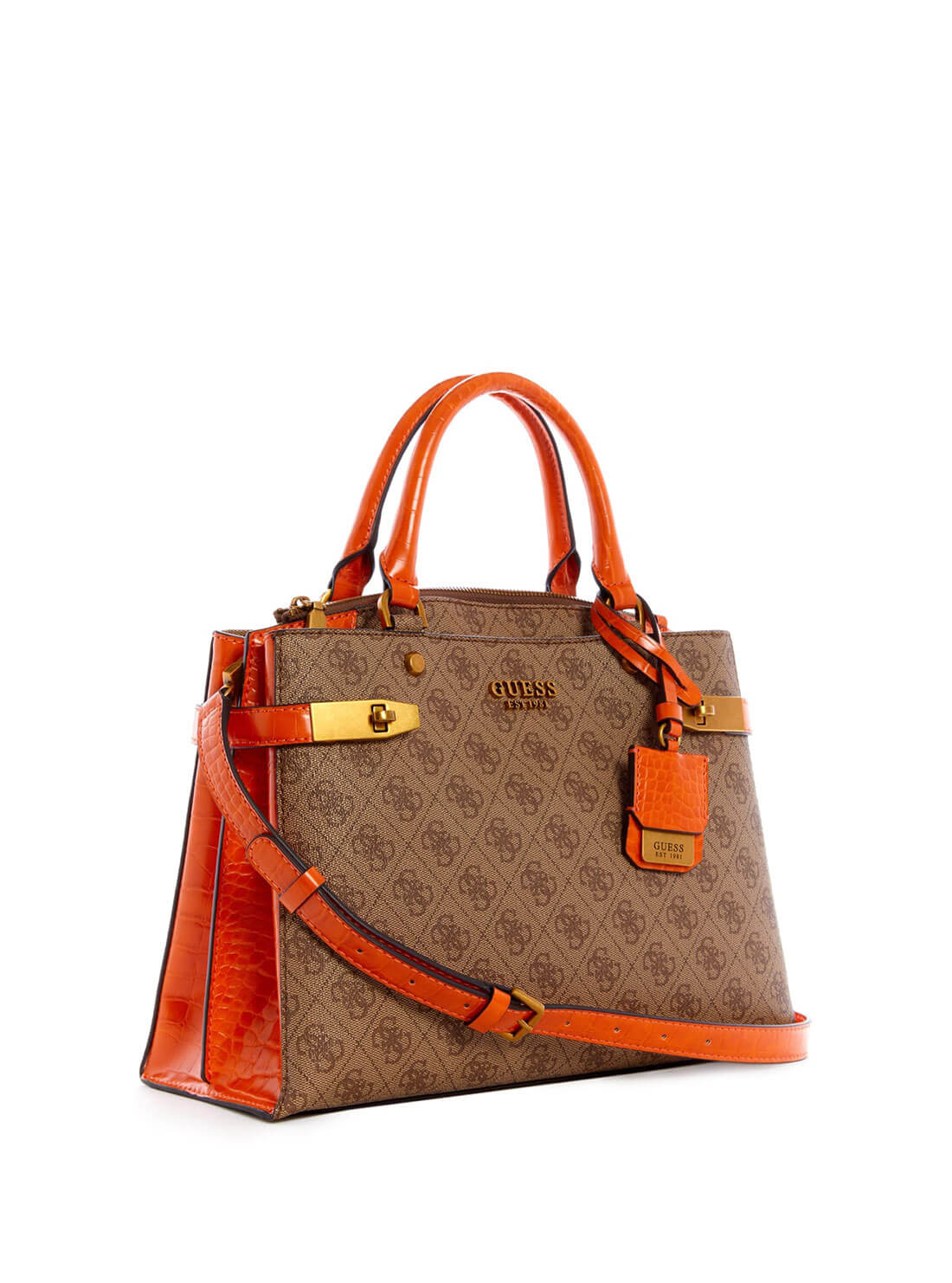 GUESS Womens Brown Orange Zadie Logo Girlfriend Satchel SB839606 Front Side View