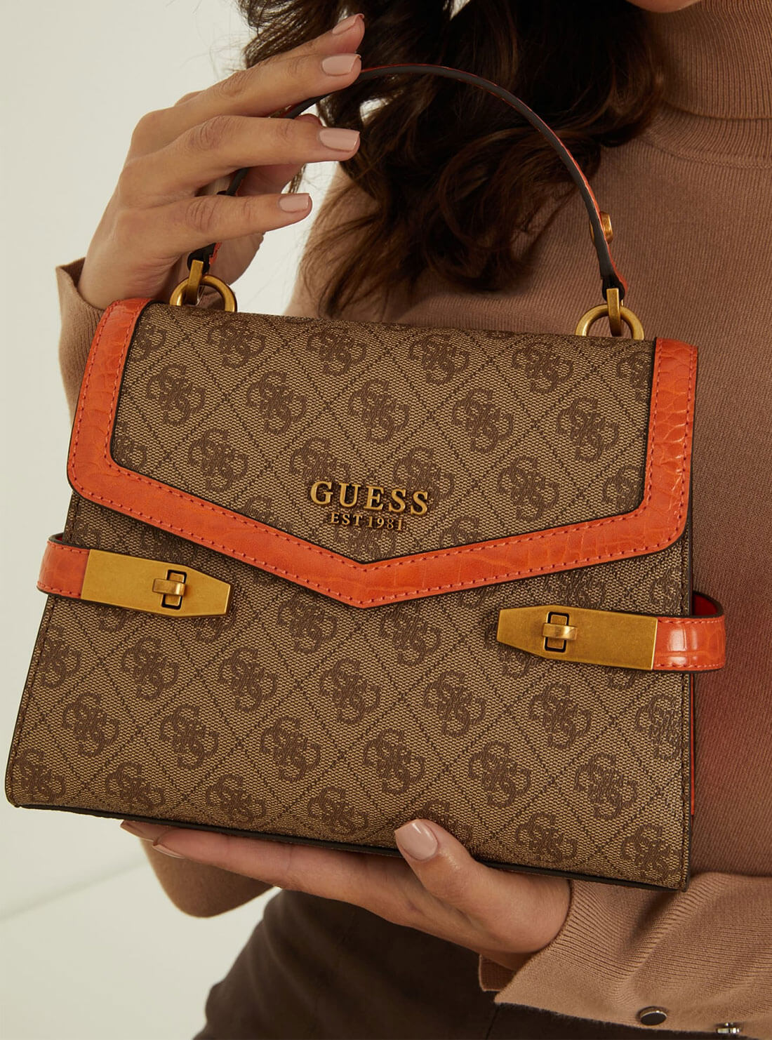 GUESS Womens Brown Orange Zadie Logo Satchel SB839620 Model View