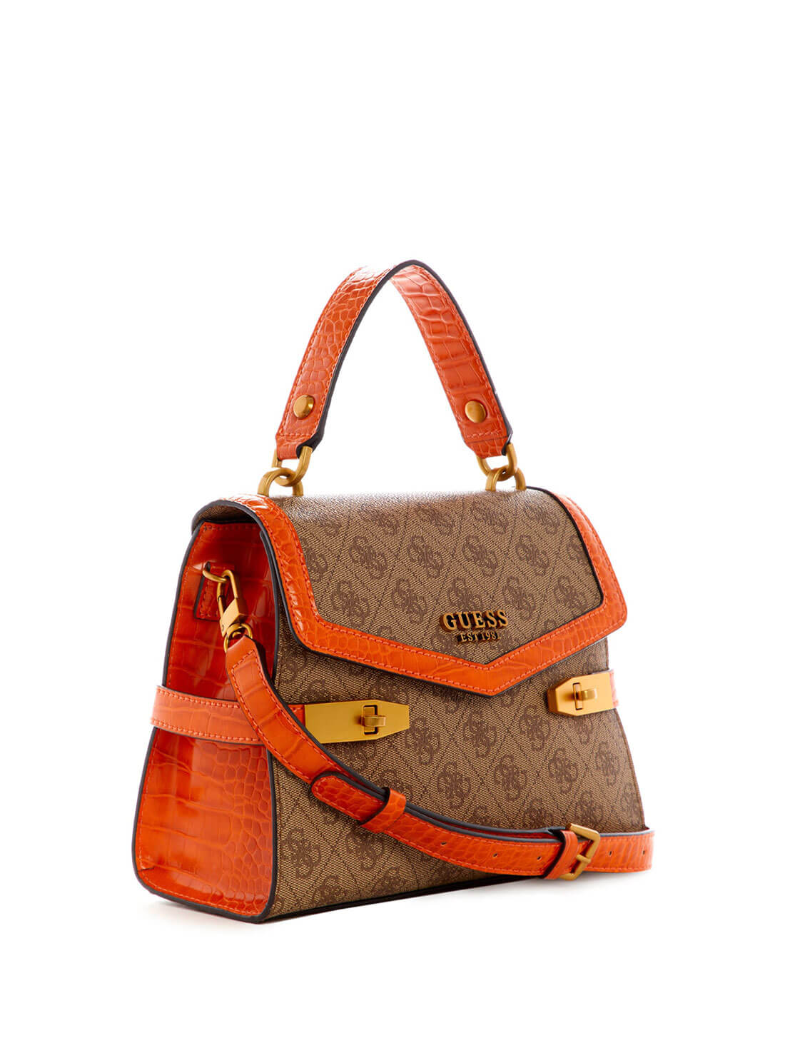 GUESS Womens Brown Orange Zadie Logo Satchel SB839620 Front Side  View