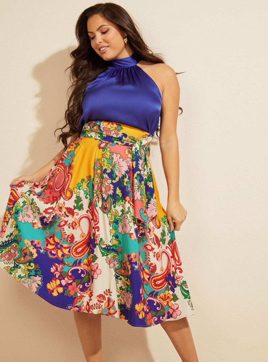 GUESS Women's Marciano Print Blissful Paisley Fanny Midi Skirt 2GGD079526Z Full Front Side View
