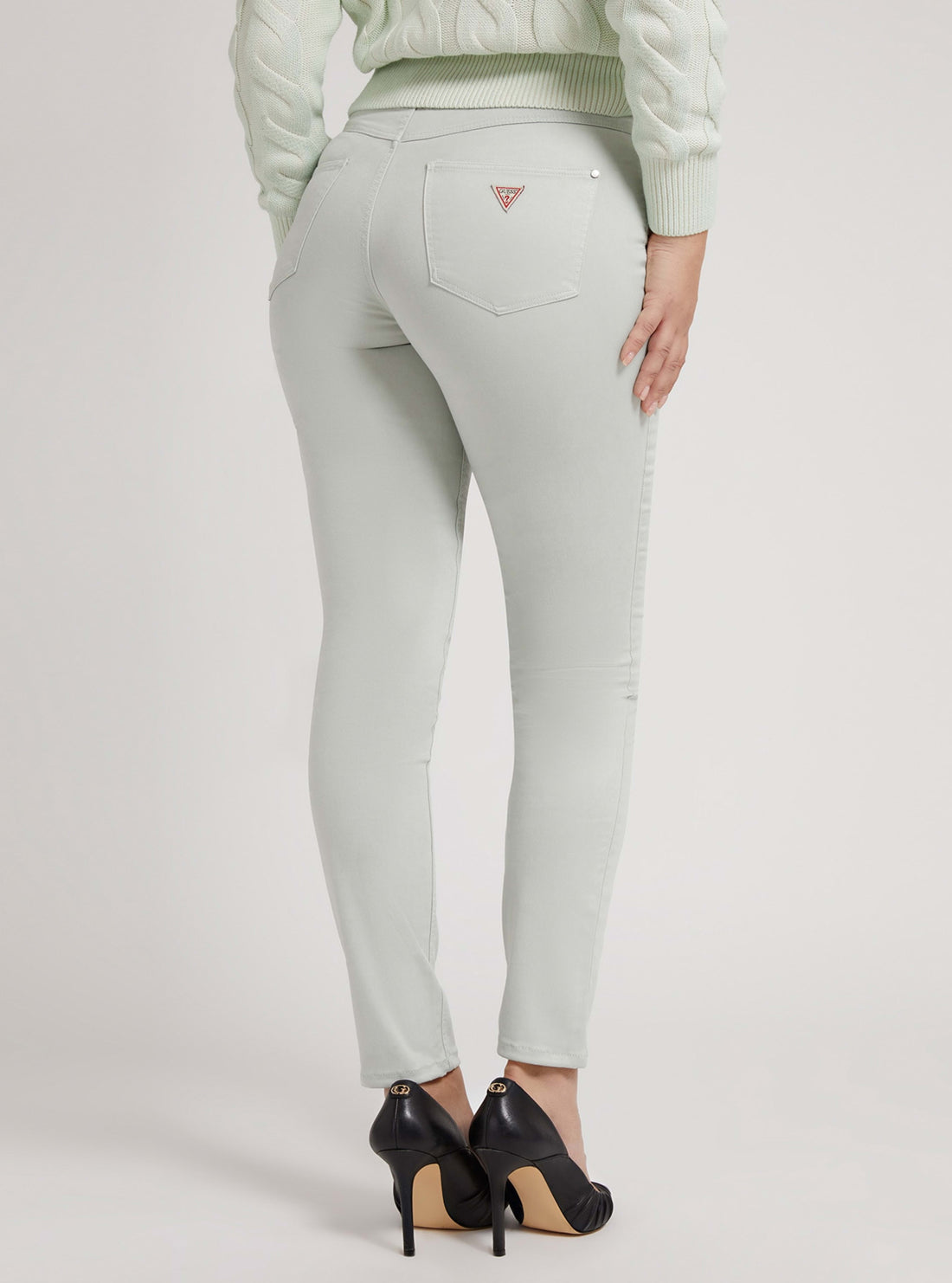 GUESS Womens High-Rise 1981 Satin Skinny Denim Jeans In Light Khaki  W2RA46W93CE Back View