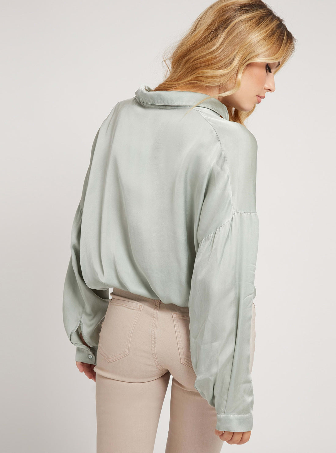 GUESS Womens Light Khaki Nada Satin Silk Blend Shirt W2RH24WEE20 Back View