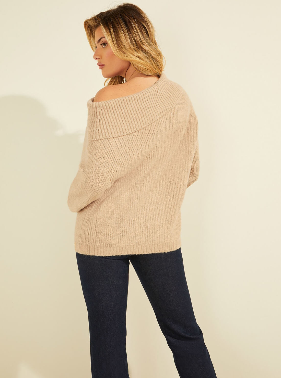 GUESS Womens Eco Moccasin Beige Gerri Off Shoulder Knit Top W2RR31Z2YZ0 Back View