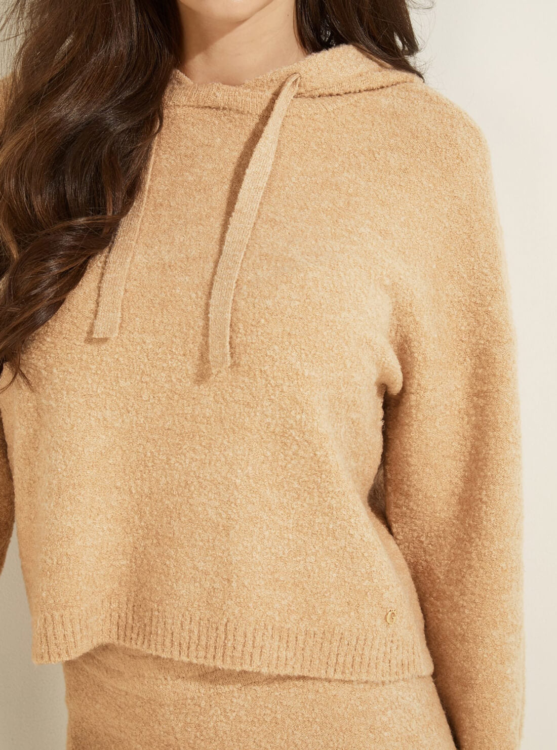 GUESS Womens Tan Reeda Lurex Boucle Hoodie W1RR17Z2XW0 Detail View