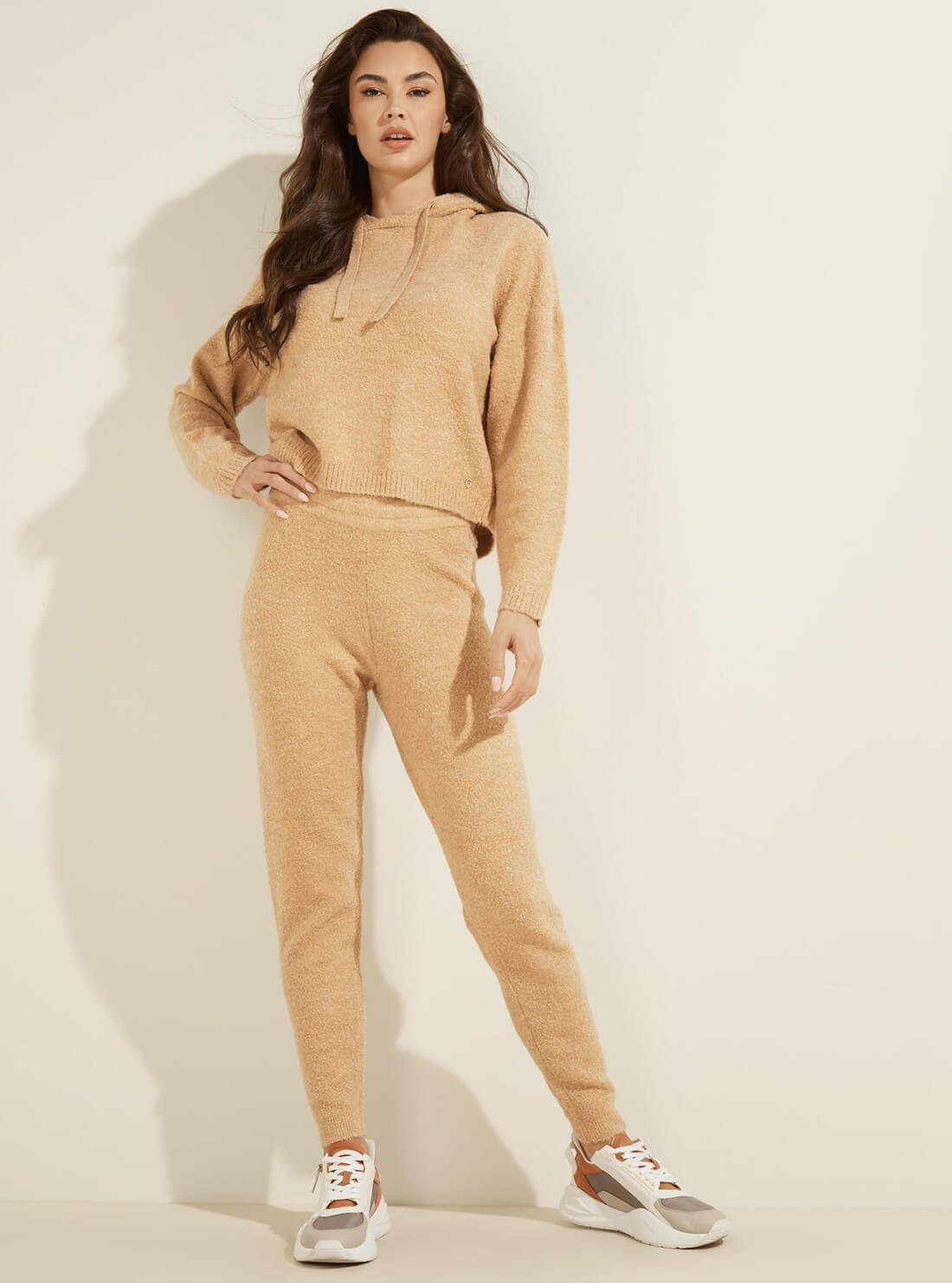 GUESS Womens Tan Reeda Lurex Boucle Hoodie W1RR17Z2XW0 Full View