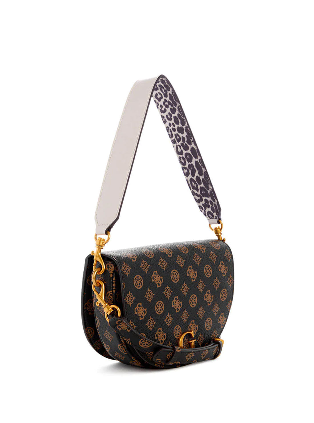 GUESS Womens Black Brown Danna Logo Saddle Bag PA842019 Front Side View