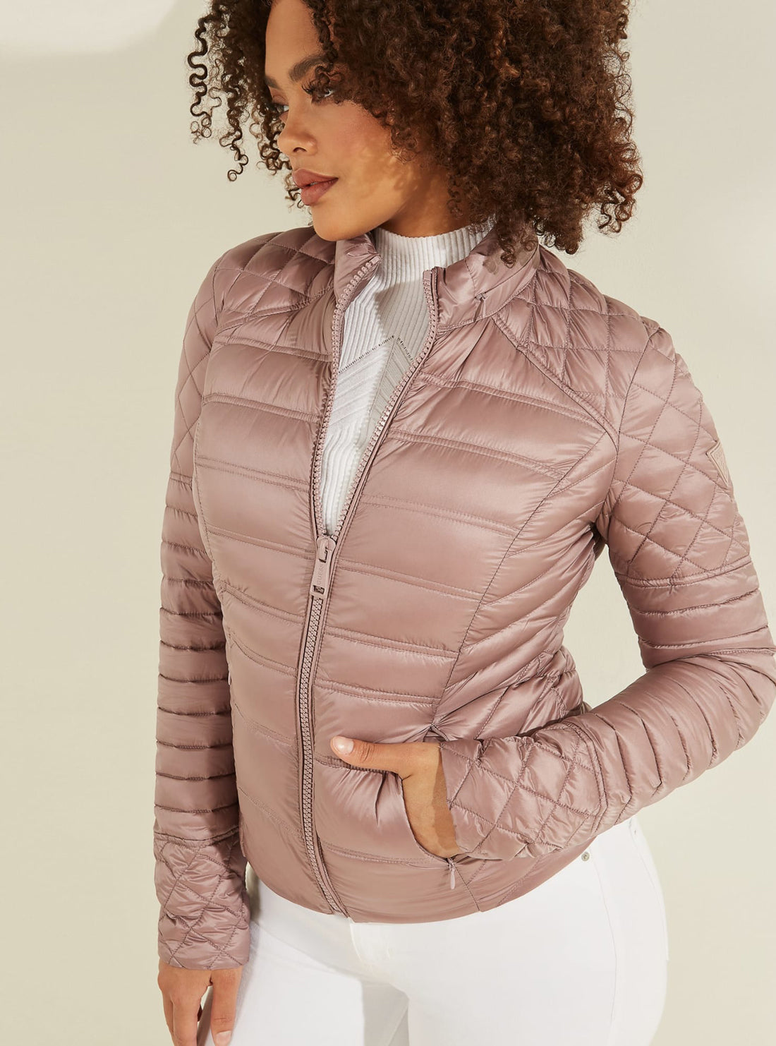 GUESS Womens Mauve Orsola Puffer Jacket W2RL26WEGN0 Detail Front View