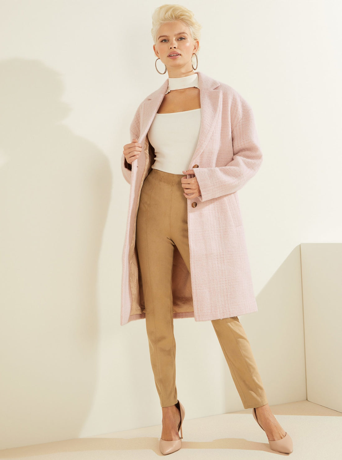GUESS Womens Petal Pink Destiny Wool-Blend Coat W2RL28WEL40 Model Full View