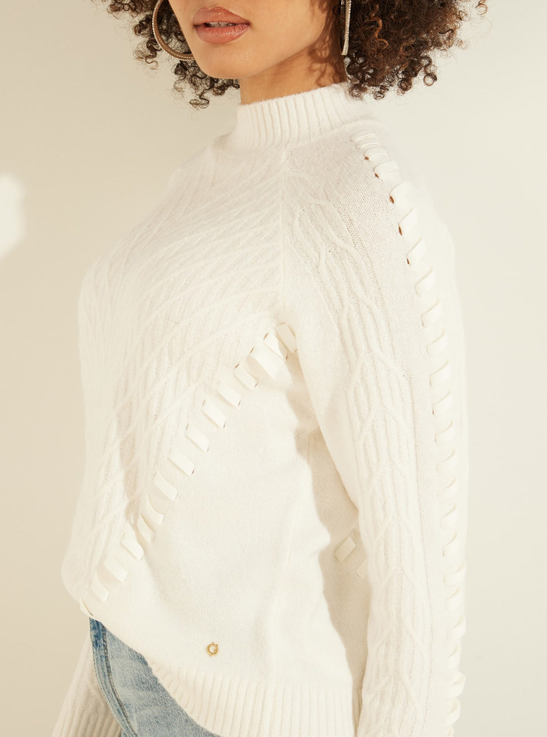 GUESS Womens White Laced Cable Knit Top W2RR20Z2XU1 Detail View