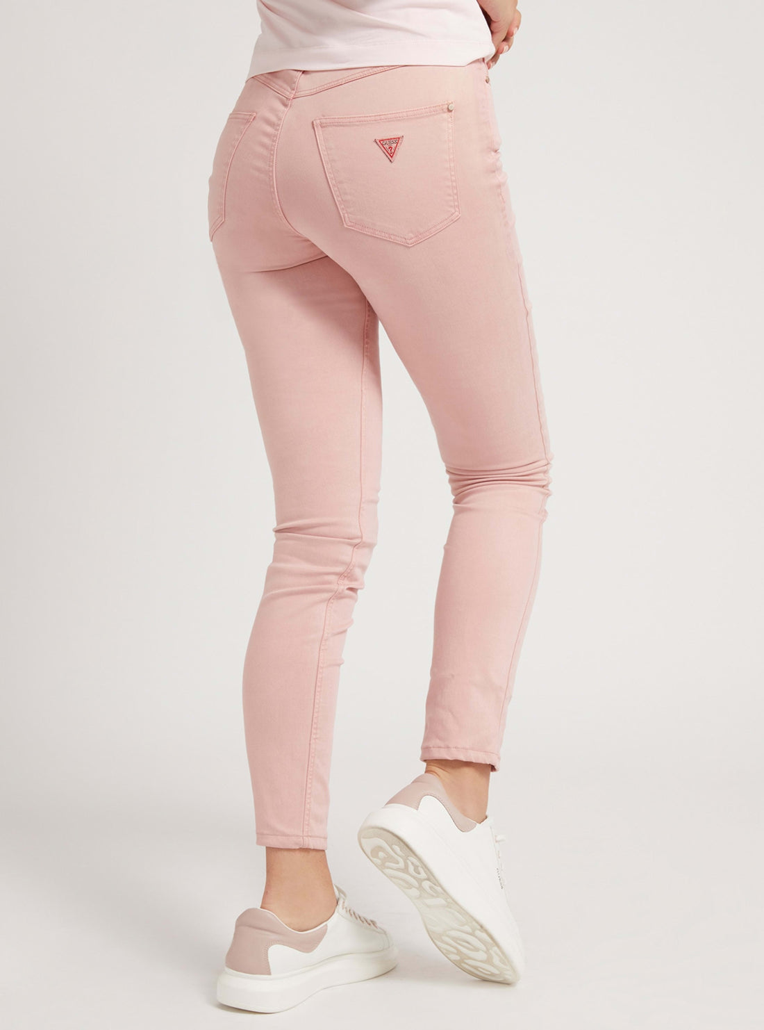 GUESS Womens High-Rise 1981 Satin Skinny Denim Jeans In Pink W2RA46W93CE Back View