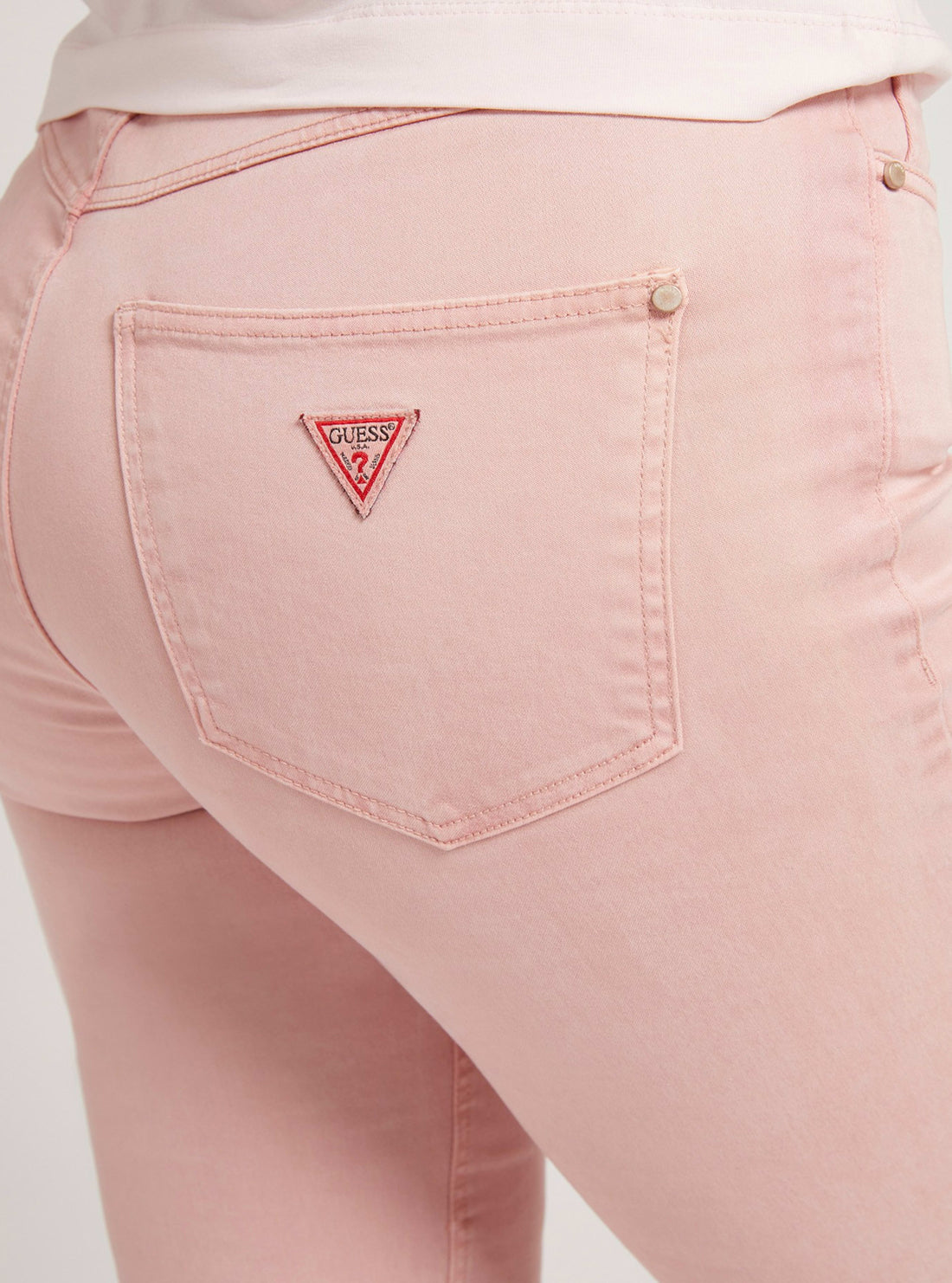 GUESS Womens High-Rise 1981 Satin Skinny Denim Jeans In Pink W2RA46W93CE Back Detail View