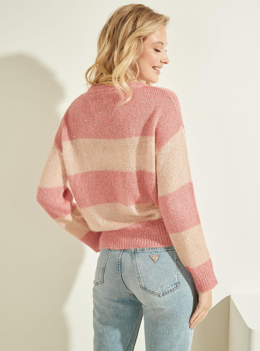 GUESS Womens Pink Striped Lorraine Knit Jumper W2RR26Z2YC0 Model Back View