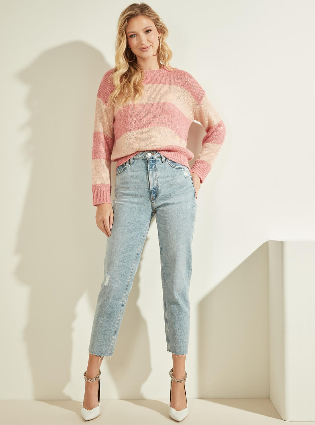 GUESS Womens Pink Striped Lorraine Knit Jumper W2RR26Z2YC0 Model Full View