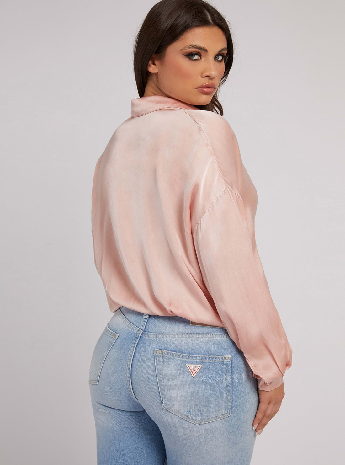 GUESS Womens Pink Nada Satin Silk Blend Shirt W2RH24WEE20 Back View
