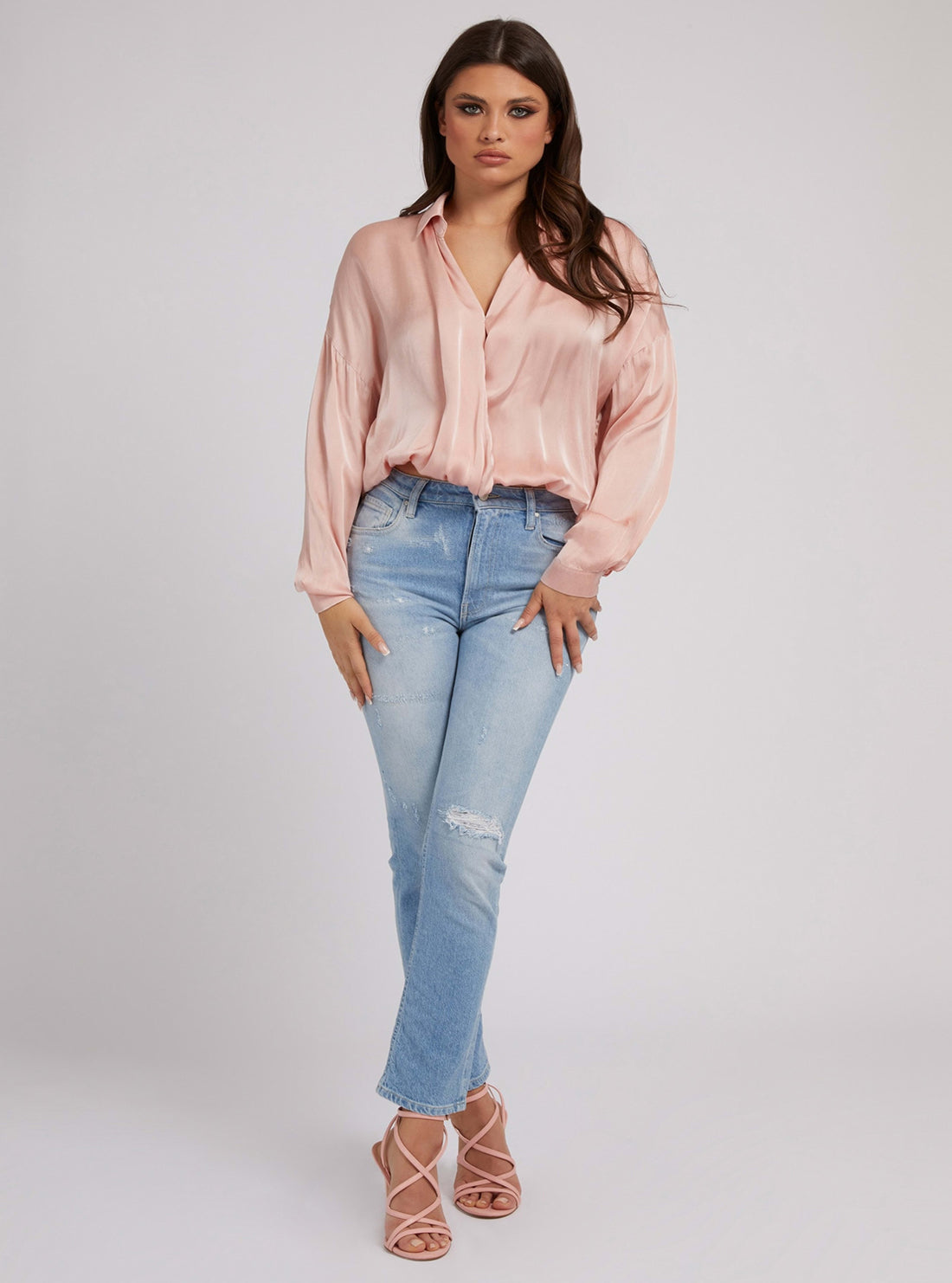GUESS Womens Pink Nada Satin Silk Blend Shirt W2RH24WEE20 Full View