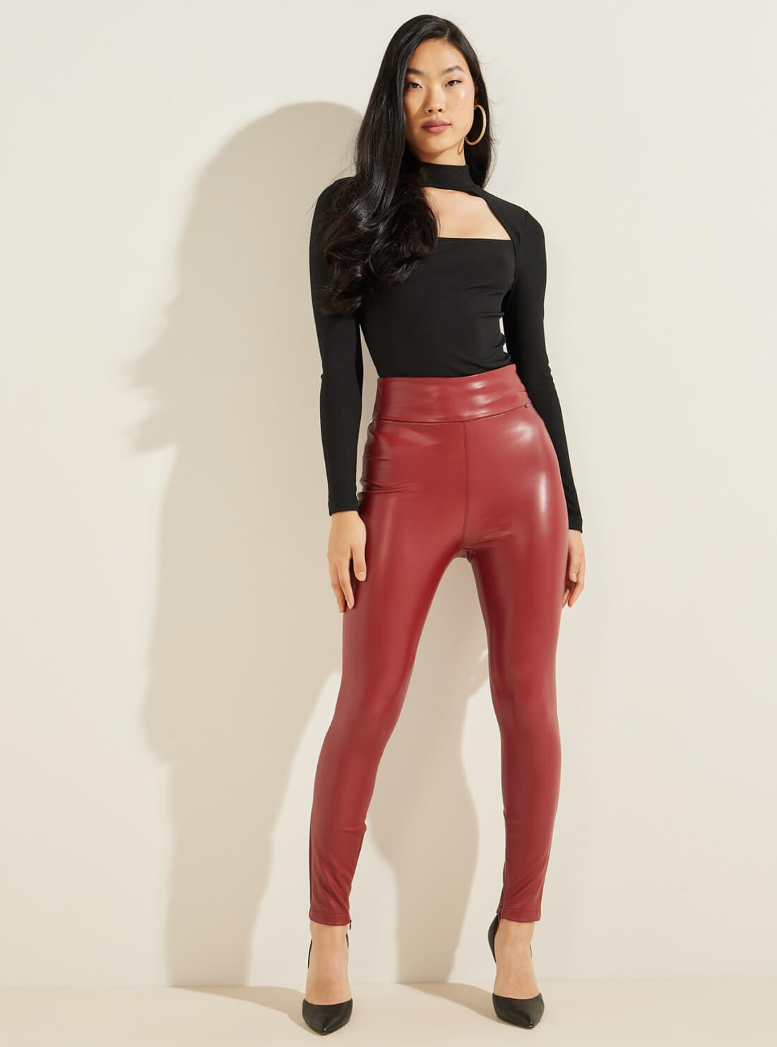 GUESS Womens Red Faux-Leather Priscilla Leggings W1RB25WBG60 Full View