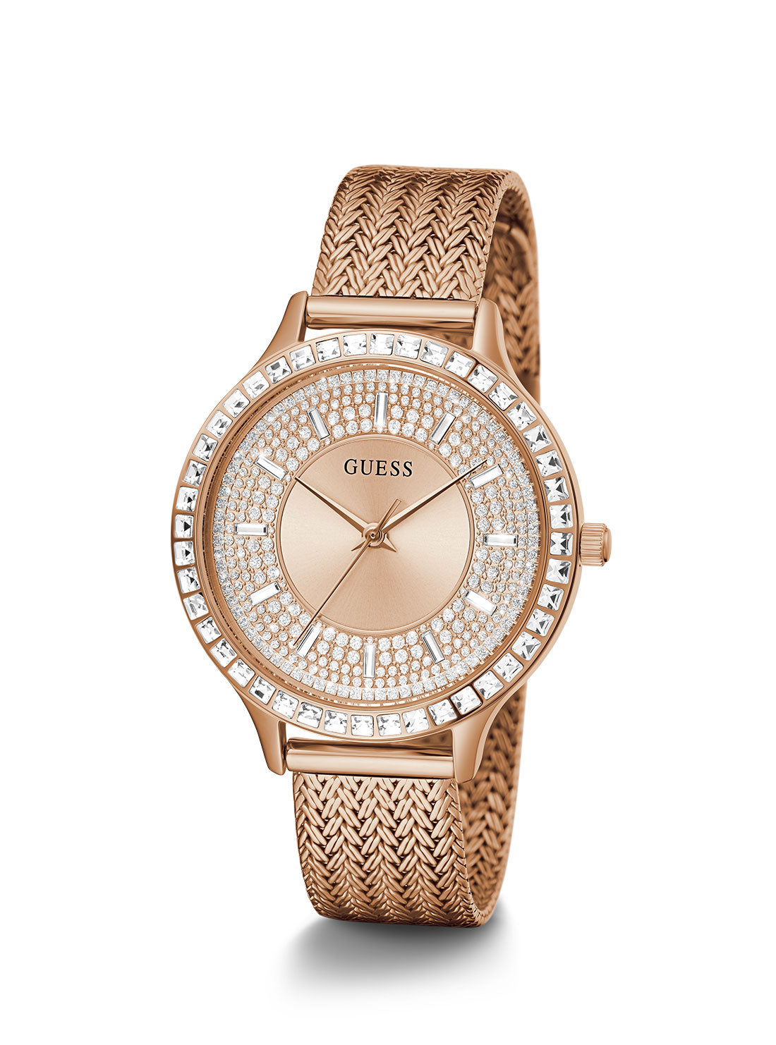 GUESS Womens Rose Gold Soiree Mesh Watch Front Angle View