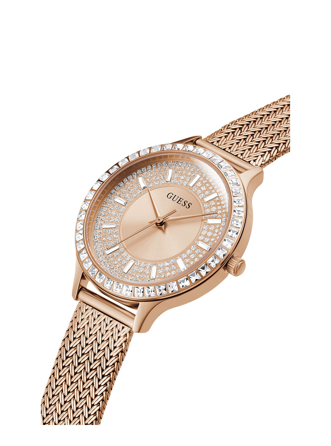 GUESS Womens Rose Gold Soiree Mesh Watch Angle View