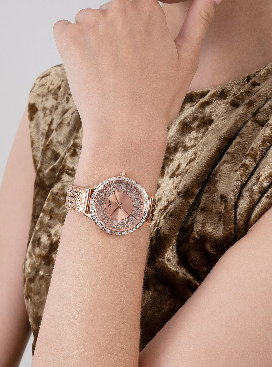 GUESS Womens Rose Gold Soiree Mesh Watch Model View