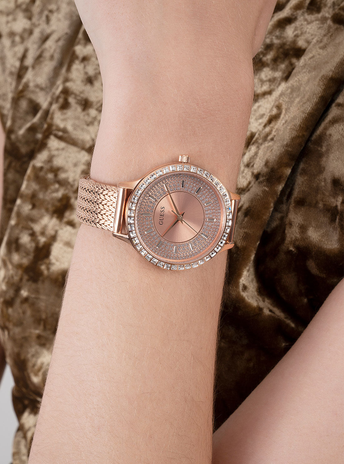 GUESS Womens Rose Gold Soiree Mesh Watch Wrist View