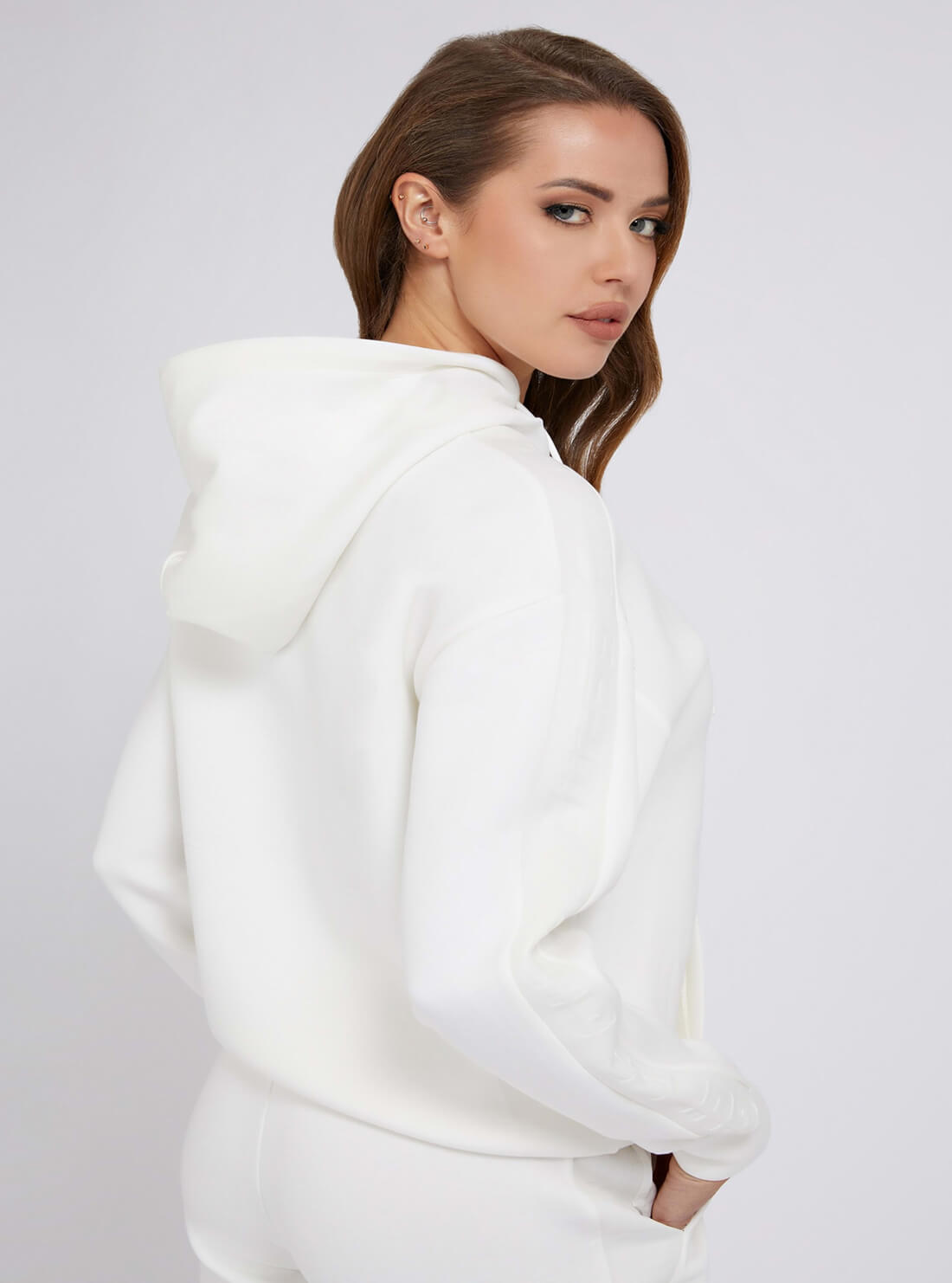 GUESS Womens  Eco White Brenda Active Logo Hoodie Jumper  V2RQ07K7UW2 Back View