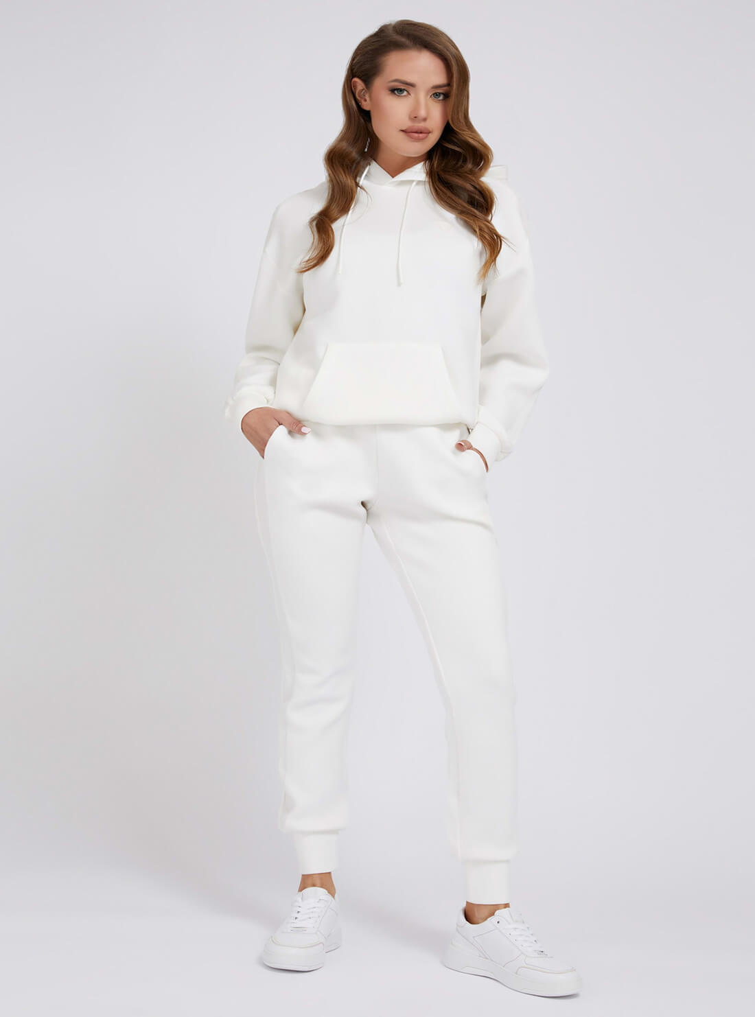 GUESS Womens  Eco White Brenda Active Logo Hoodie Jumper  V2RQ07K7UW2 Full View