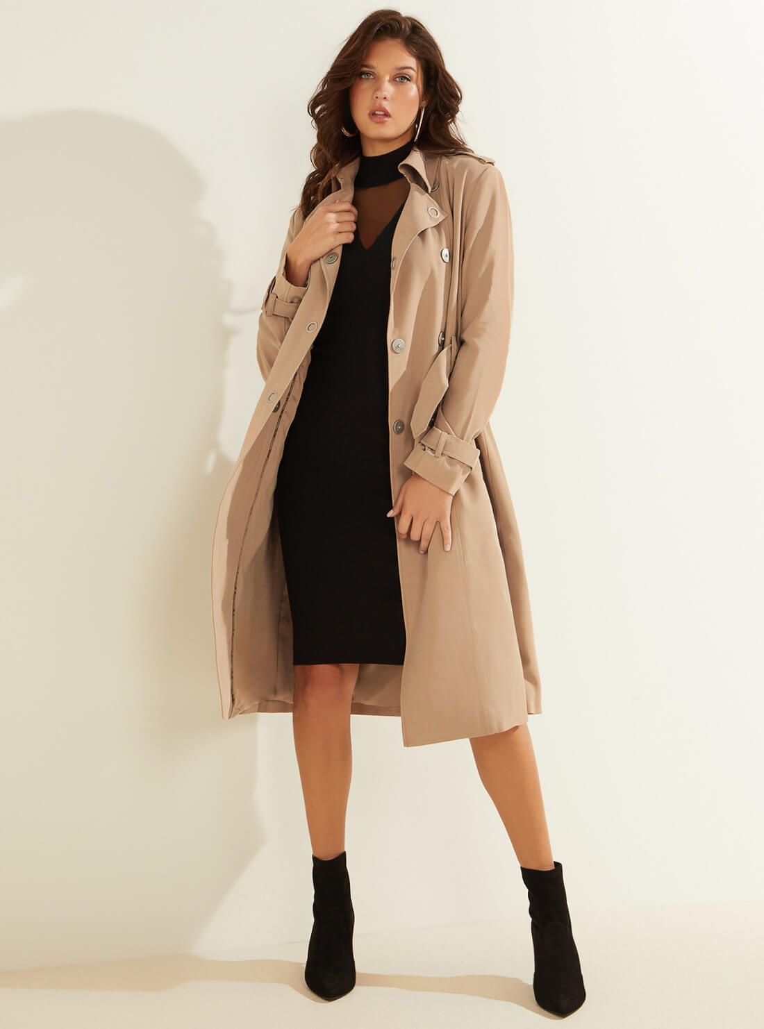 GUESS Womens Sand Tan Gemma Trench Coat W2RL02WE0K0 Front View