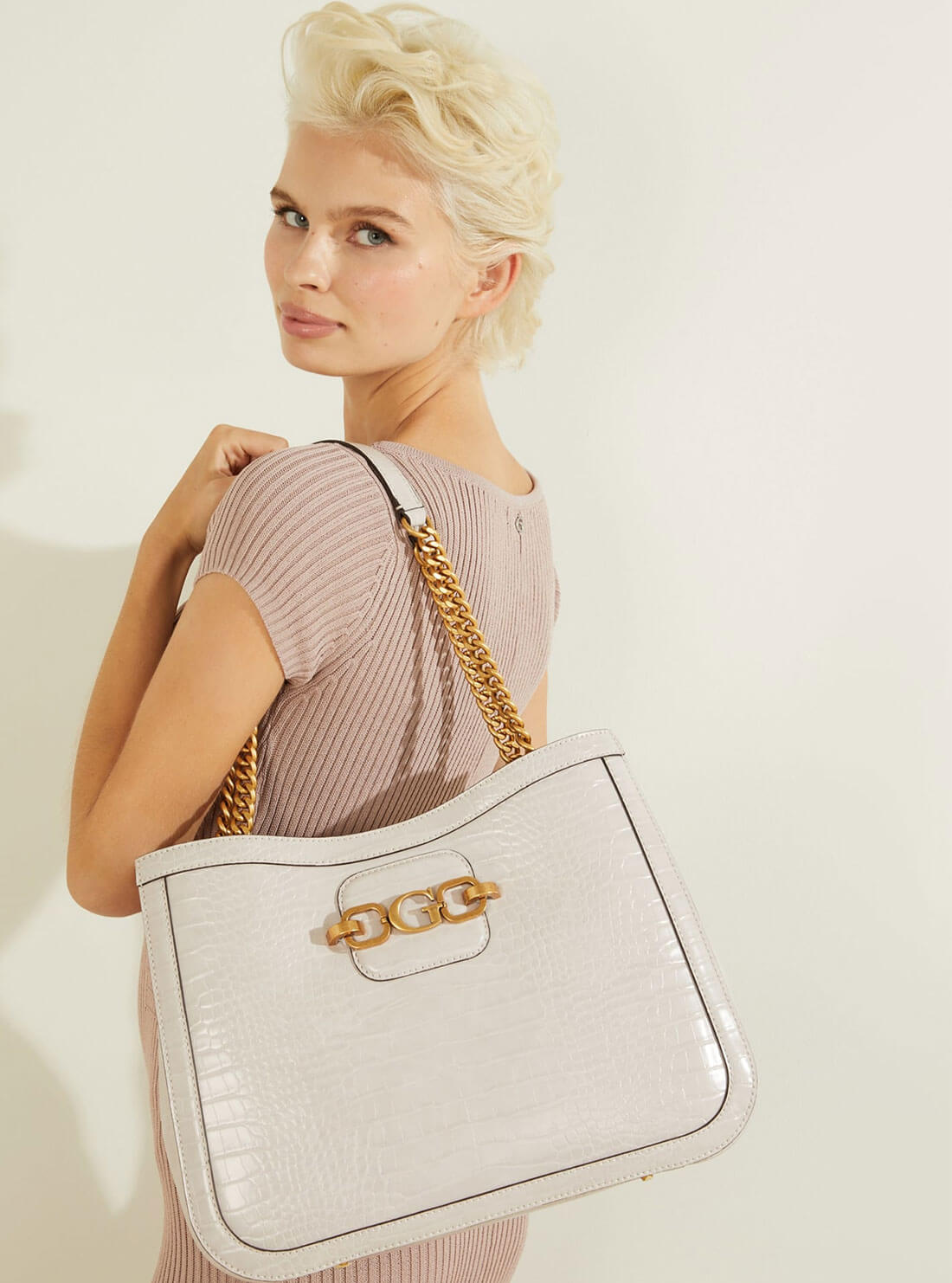 GUESS Womens  Stone White Hensely G Croc Girlfriend Tote CB849623 Model View