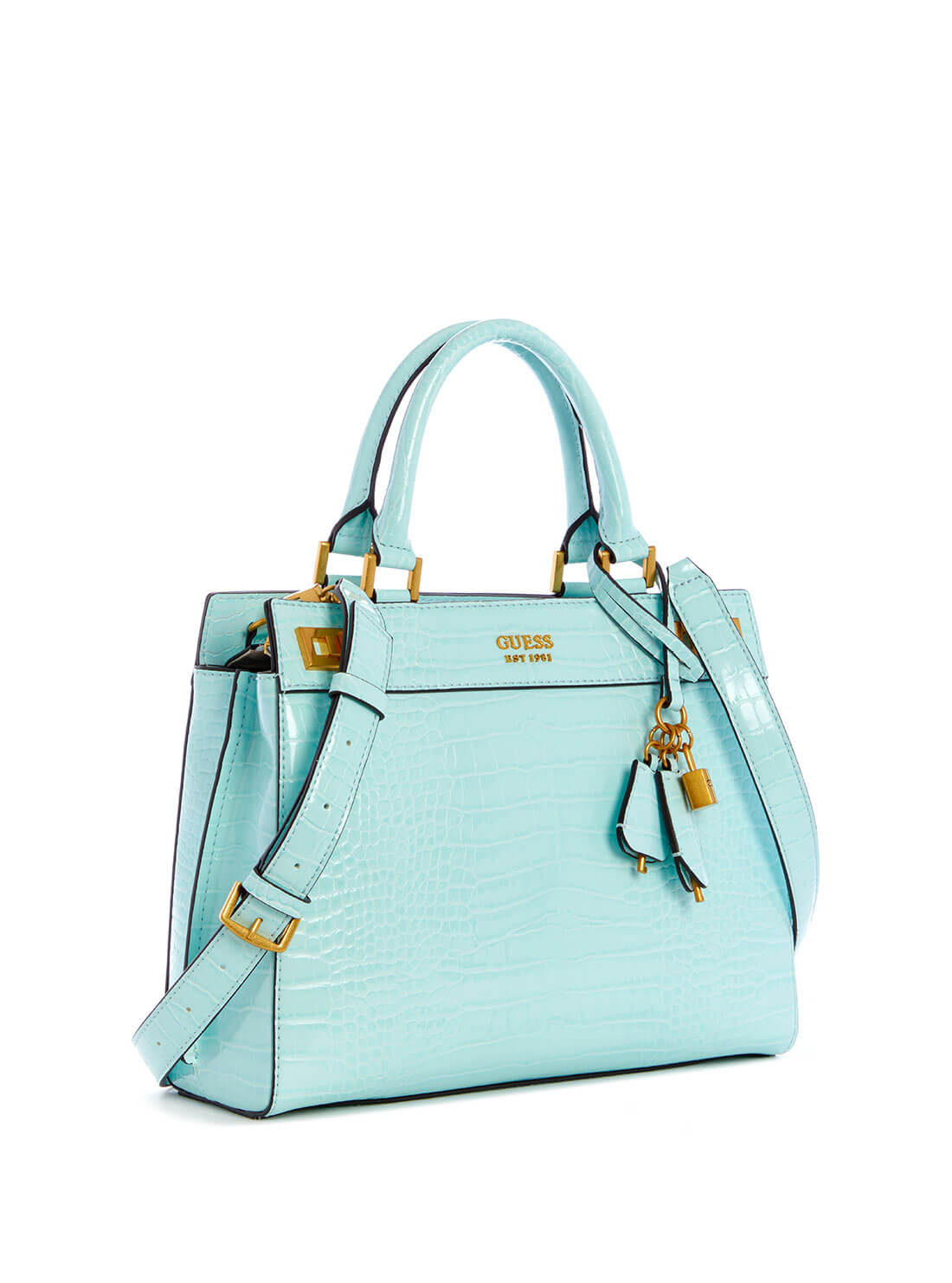 GUESS Women's Blue Katey Croc Luxury Satchel CA849426 Front Side View