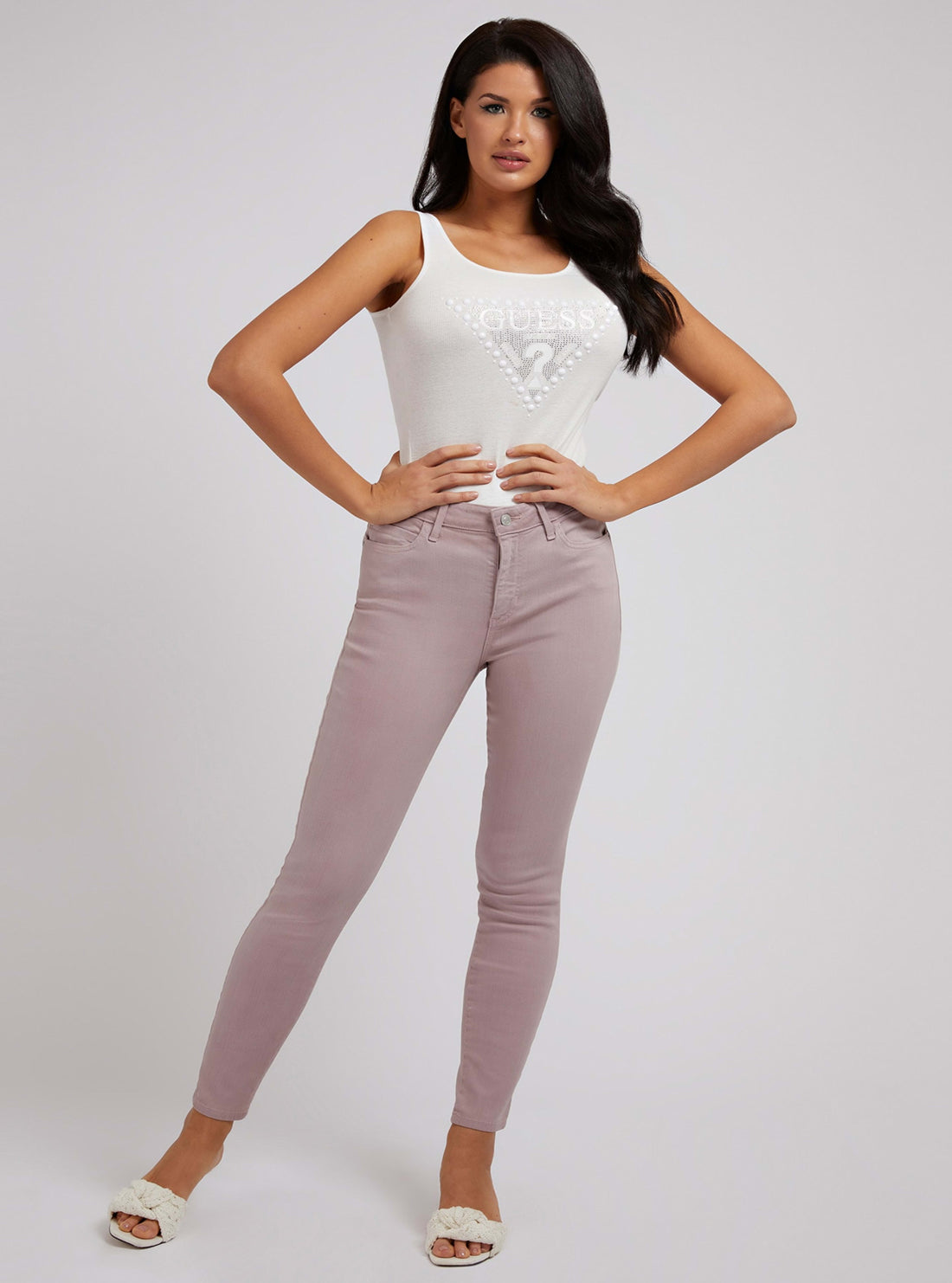 GUESS Womens Mid-Rise Curvy Fit Skinny Jeans In Rose Taupe W1GAJ2W77RE Full View
