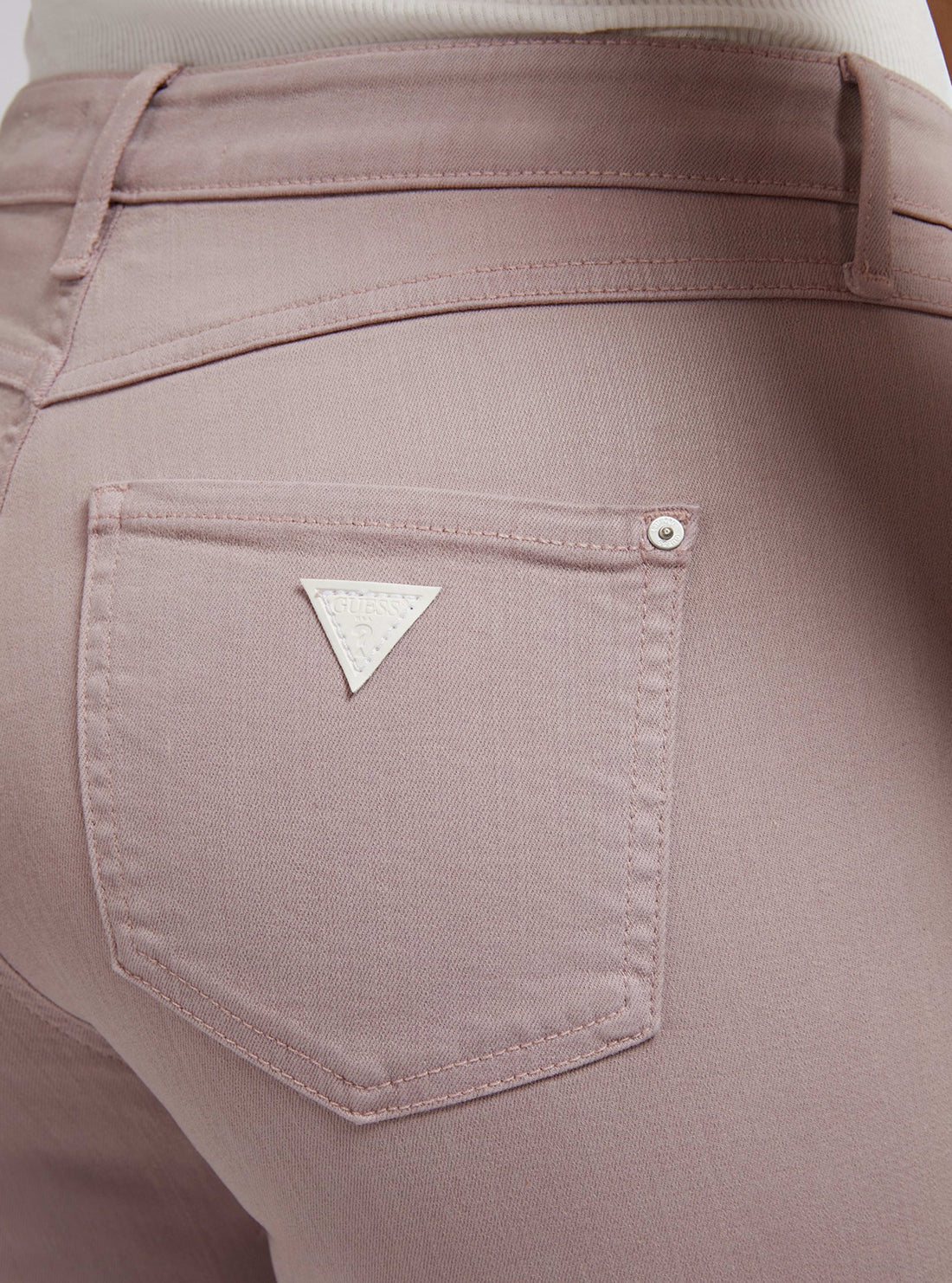 GUESS Womens Mid-Rise Curvy Fit Skinny Jeans In Rose Taupe W1GAJ2W77RE Back Model Detail View
