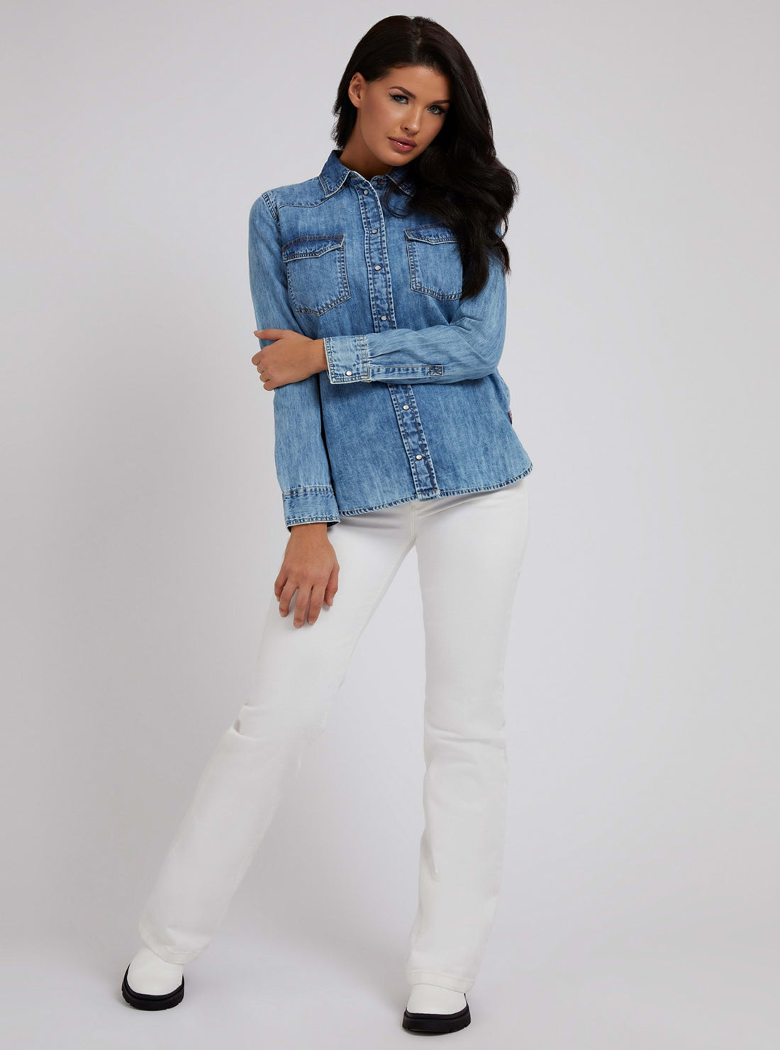 GUESS Womens Sexy Western Denim Shirt In Utah Mid Wash W2RH14D14LA Full View