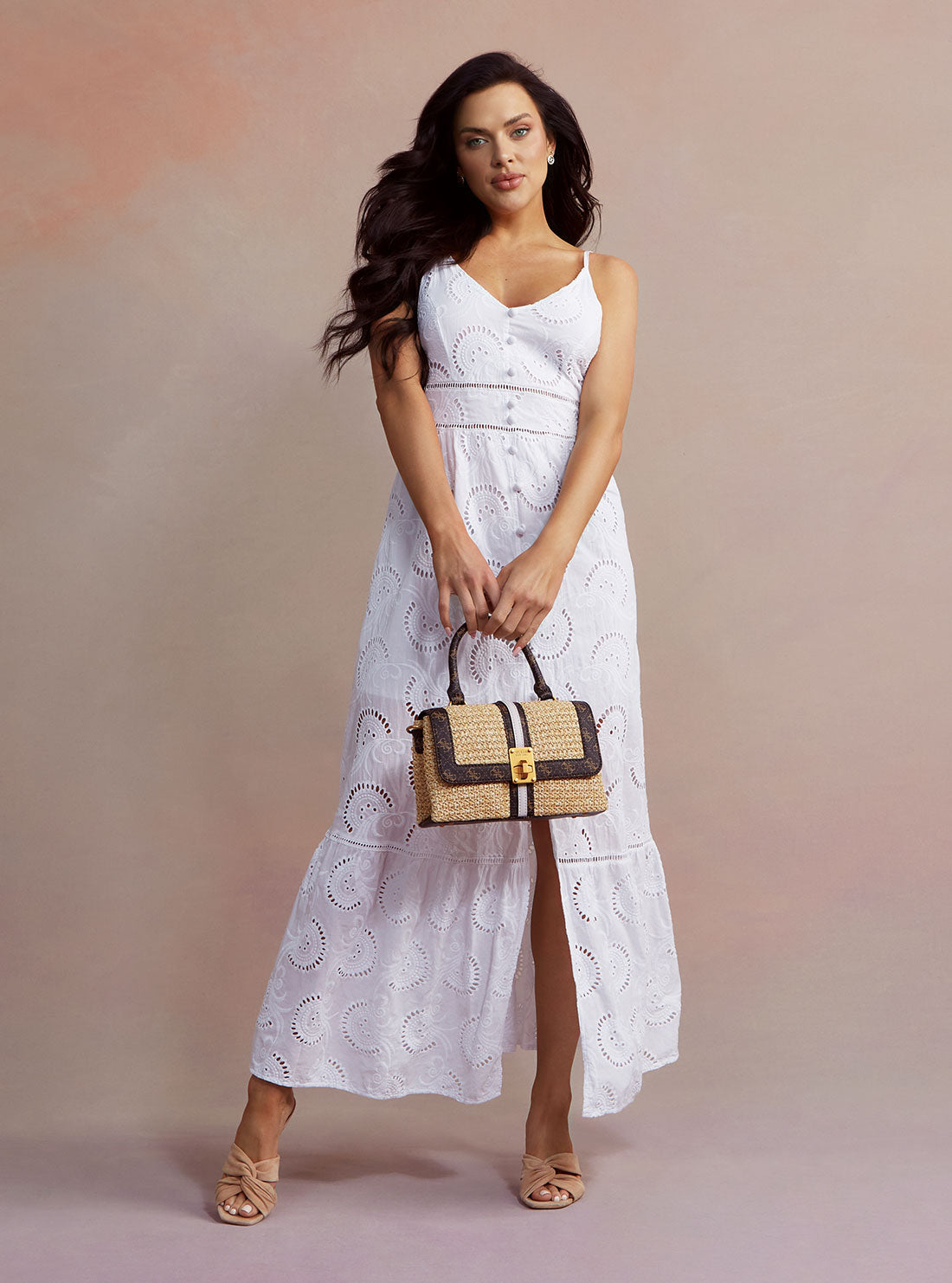 GUESS Womens White Serafina Eyelet Maxi Dress W2GK44WEJV0 Lifestyle View