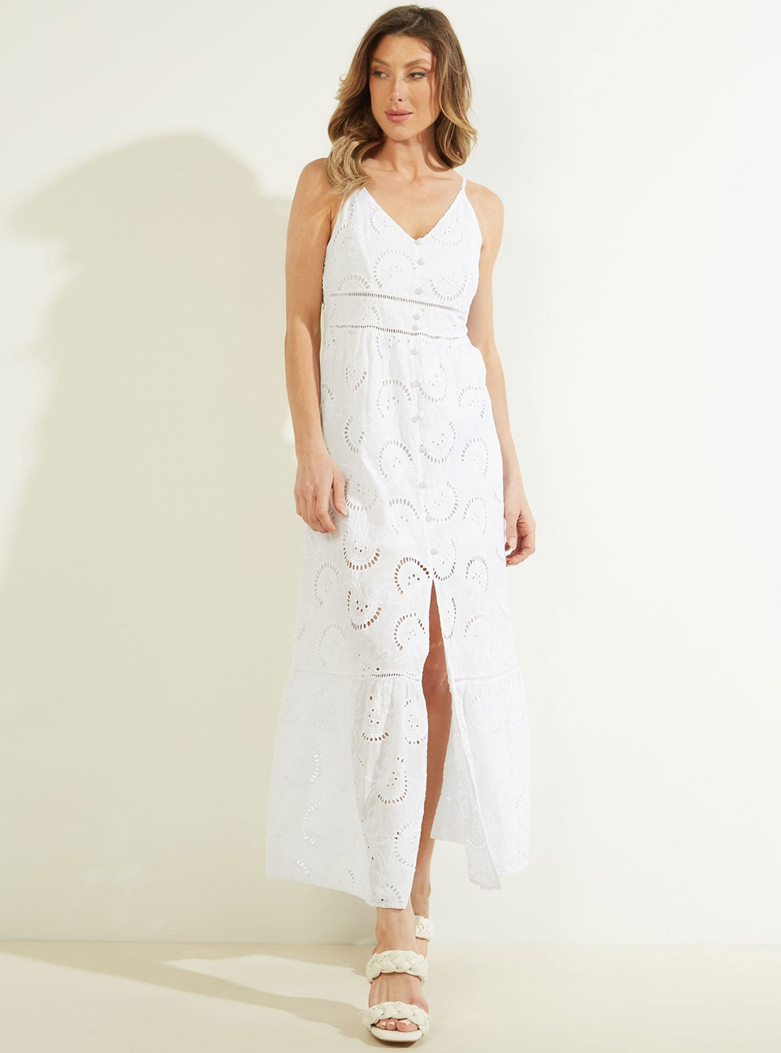 GUESS Womens White Serafina Eyelet Maxi Dress W2GK44WEJV0 Full View