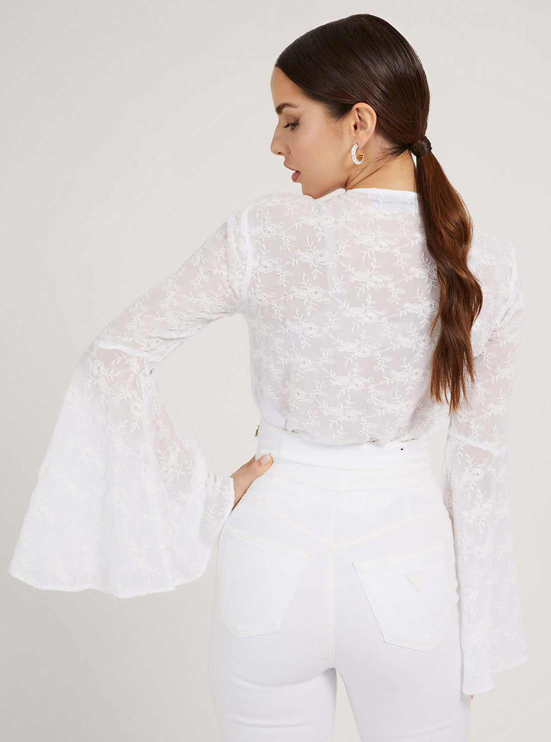 GUESS Womens White Silvana Lace Top W2GH71WEKK0 Back View