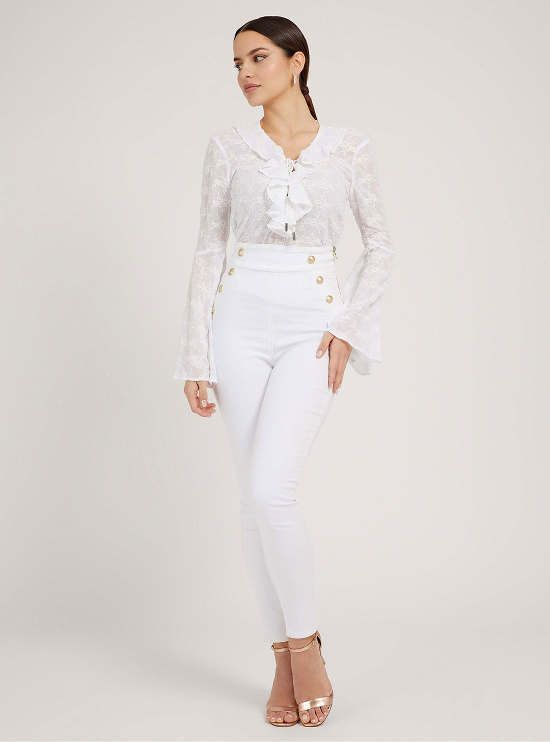GUESS Womens White Silvana Lace Top W2GH71WEKK0 Full View