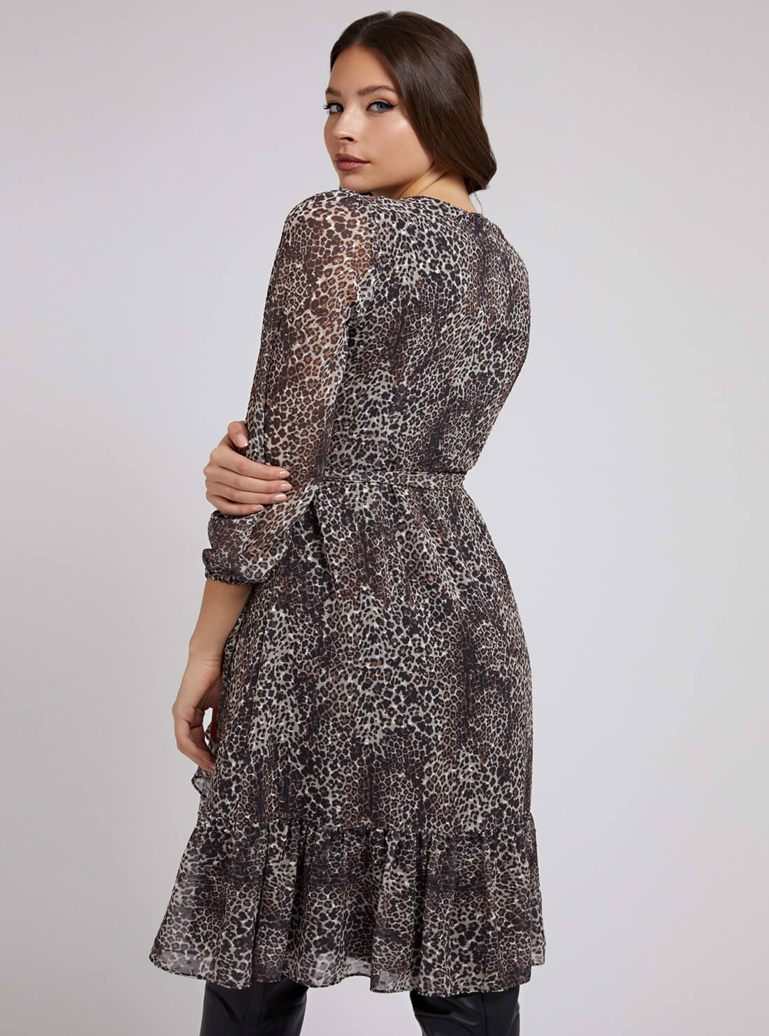 GUESS Womens Wild Cat Print Nina Wrap Midi Dress W2RK23WEE82 Model Back View